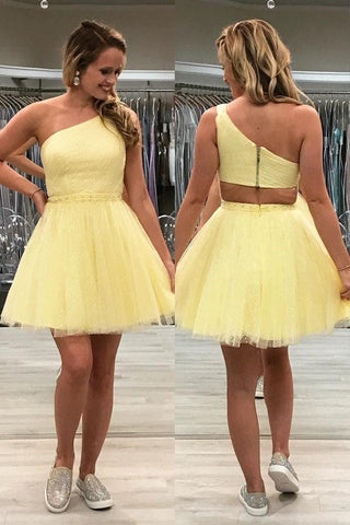 Schickes Tüll-Heimkehrkleid mit einer Schulter, Gelb, süßes Abschlusskleid, PD374