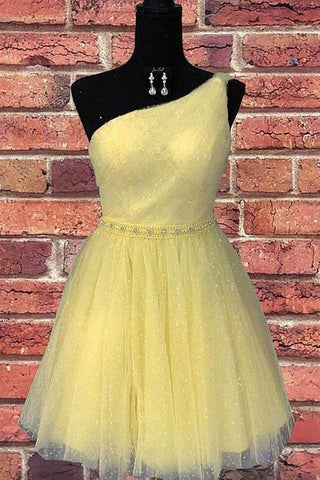 Schickes Tüll-Heimkehrkleid mit einer Schulter, Gelb, süßes Abschlusskleid, PD374