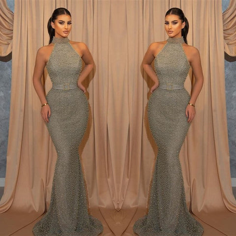 Long High Neck Sequined Sleeveless Mermaid Evening Dress with Belt