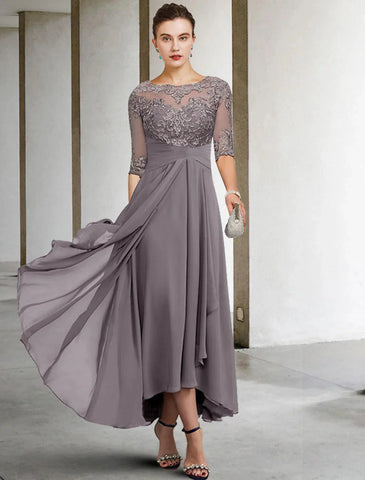 Kleid für die Mutter der Braut, Hochzeitsgast, elegant, Übergröße, hoch, niedrig, V-Ausschnitt, asymmetrisch, knöchellang, Chiffon, Spitze, halbe Ärmel mit Perlen