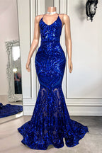 Open Back Spaghetti Straps Mermaid Long Prom Dress With Sequins in Royal Blue