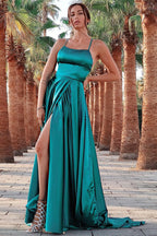 Open Back Split Front Spaghetti Straps Long Prom Dress