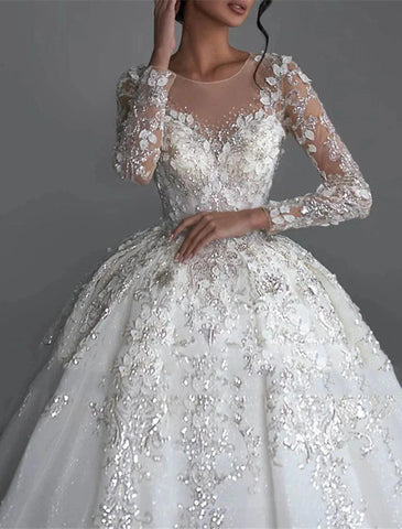 Formelle, bescheidene Herbst-Brautkleider, Prinzessin, Juwelenhals, lange Ärmel, Kapellenschleppe, Tüll-Brautkleider mit Applikationen, einfarbig
