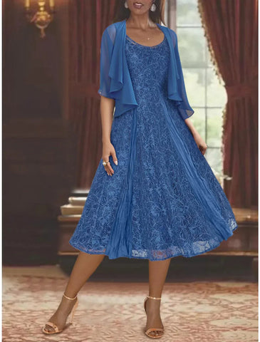 Zweiteiliges A-Linien-Kleid für die Mutter der Braut, formelle Hochzeitsgäste, Übergröße, eleganter U-Ausschnitt, knielang, Chiffon, Spitze, 3/4-Ärmel, Wickelkleid inklusive, mit Falten