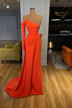 Orange Long Sleeves Mermaid Strapless Satin Evening Dresses