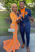 Robe de bal sirène en dentelle orange à manches et col en V long