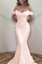 Vestido de noite comprido verde-escuro, estilo sereia, ombro à mostra, com lantejoulas