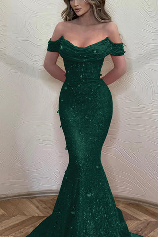Dark Green Long Mermaid Off-The-Shoulder Evening Dress with Sequins