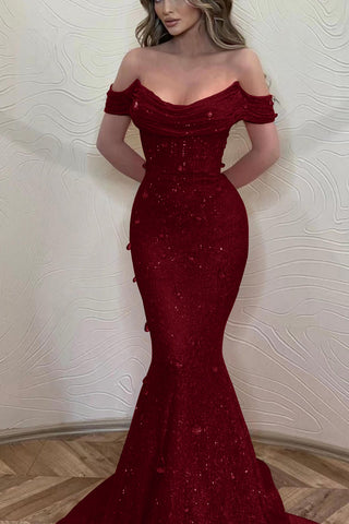 Dark Green Long Mermaid Off-The-Shoulder Evening Dress with Sequins
