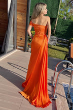 Orange One Shoulder Long Ruffles Mermaid Evening Dress with Split