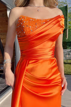 Orange One Shoulder Long Ruffles Mermaid Evening Dress with Split