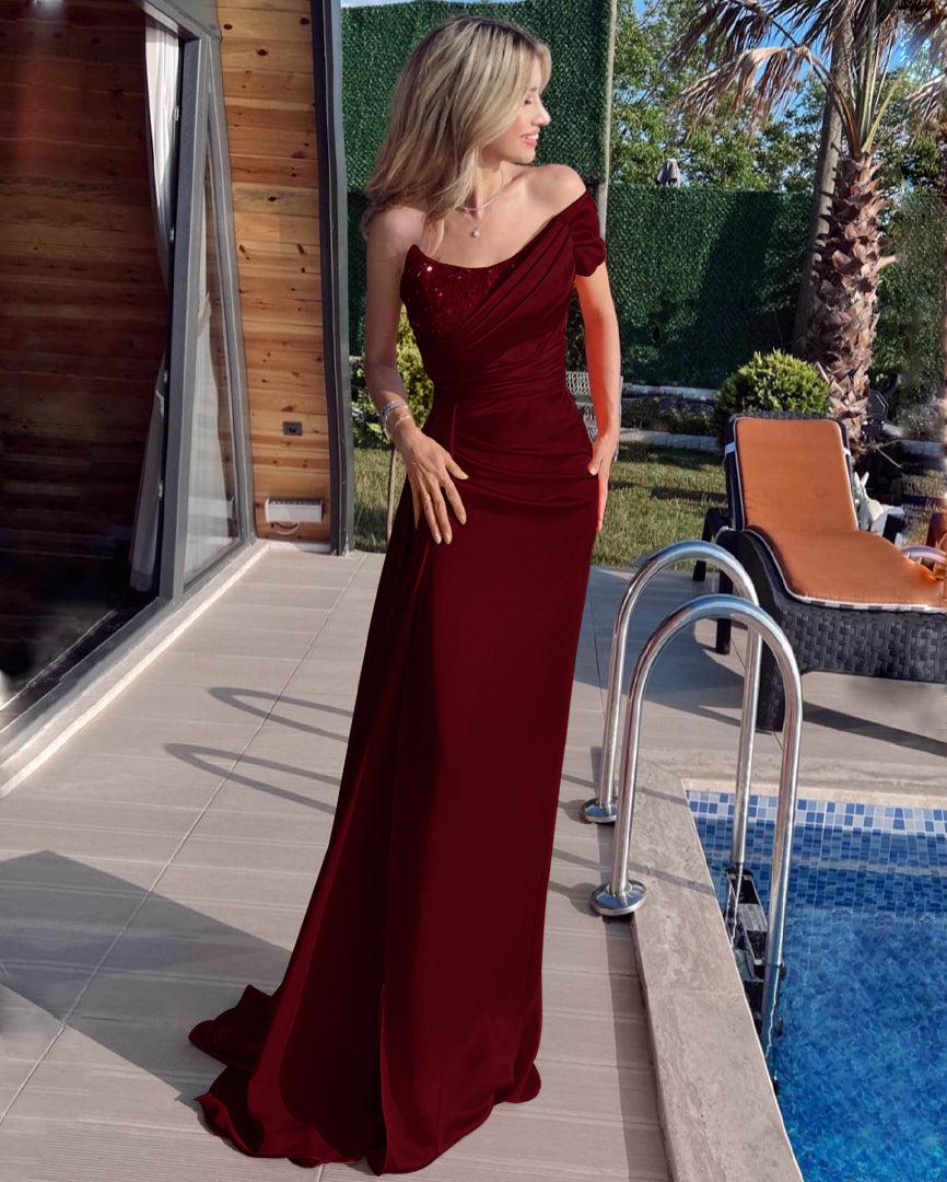 Orange One Shoulder Long Ruffles Mermaid Evening Dress with Split