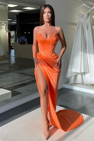 Orange Long V-Neck Sleeveless Mermaid Evening Dress with Split