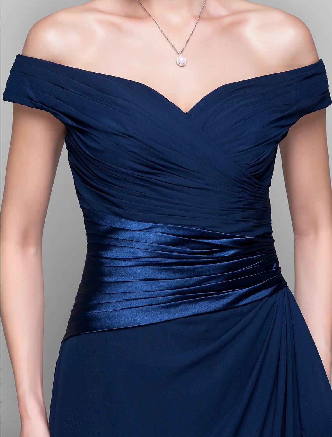 Vestido de mãe da noiva com bainha/coluna, costas abertas, ombro exterior, comprimento até ao chão, chiffon, sem mangas, com cruz