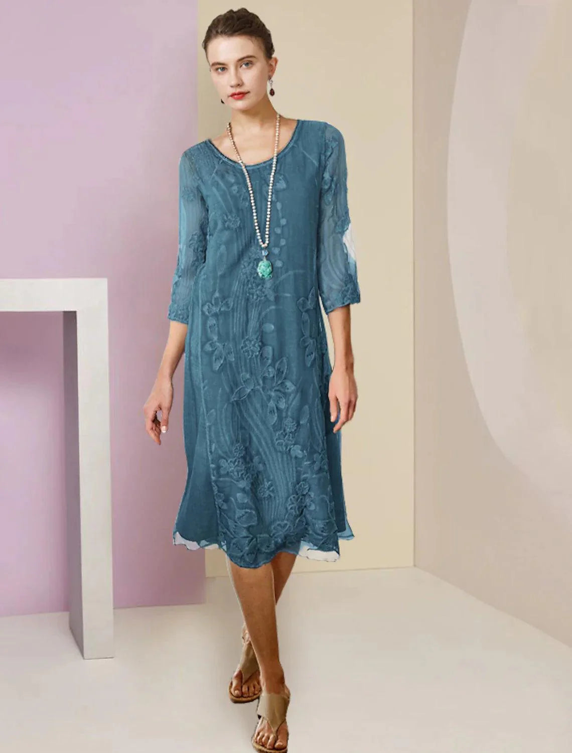 Vestido de mãe da noiva de duas peças, bainha/coluna, formal, para convidada de casamento, elegante, decote redondo, comprimento até ao joelho, chiffon, renda, meia manga, vestidos com aplicações