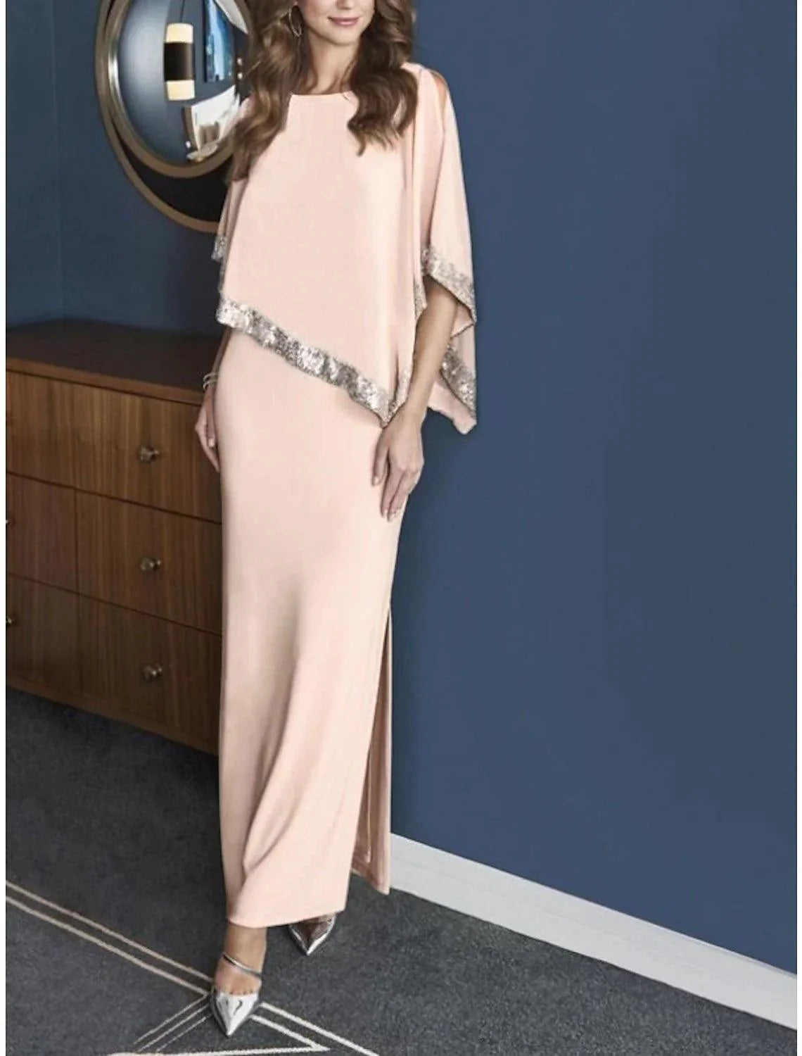 Vestido tubinho/coluna para mãe da noiva, convidada de casamento, elegante, com brilho e cintilante, decote em joia, comprimento até ao tornozelo, chiffon, manga 3/4 com lantejoulas, racha frontal