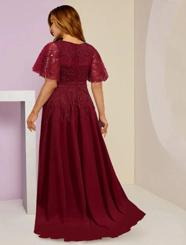Kleider für die Brautmutter, Übergröße, geschwungen, Bauch verbergen, Hochzeitsgast, elegant, funkelnd und glänzend, V-Ausschnitt, bodenlang, Chiffon, Spitze, Pailletten, kurze Ärmel mit Falten, geteilte Vorderseite
