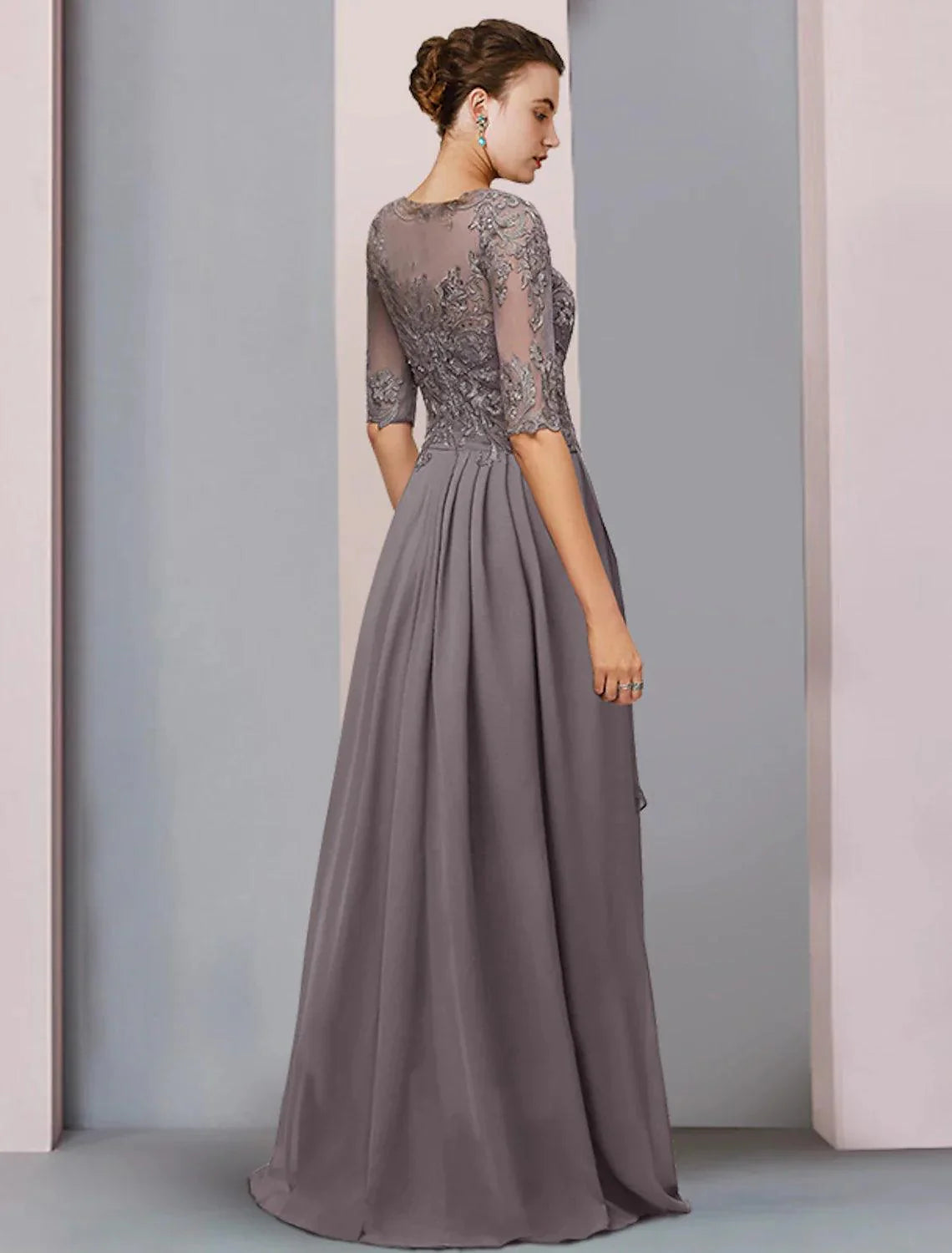 Vestido de mãe da noiva com bainha/coluna, elegante, decote redondo, assimétrico, chiffon, renda, meia manga com pregas