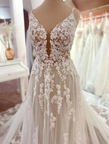 Vestidos de noiva de cerimónia com costas abertas, corte A, camisola, decote em V, alças finas, cauda de capela, vestidos de noiva de renda com aplicações