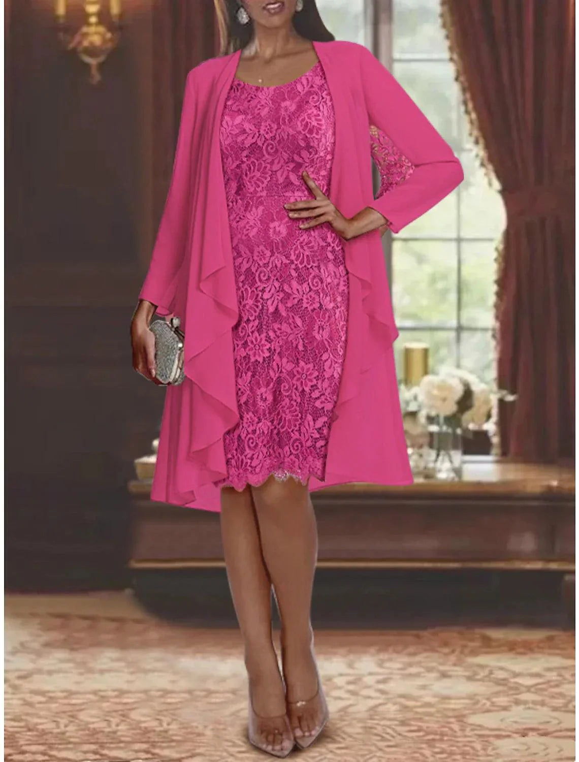 Vestido de mãe da noiva de duas peças, bainha/coluna, formal, para convidados de casamento, elegante, decote redondo, comprimento até ao joelho, chiffon, renda, manga 3/4, vestidos casaco com cor sólida, outono