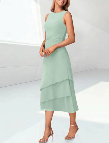 Elegantes, gestuftes Chiffon-Überkleid mit 3/4-Ärmeln für Hochzeitsgäste im Kleid für die Brautmutter enthalten