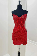 Figurbetontes Herzausschnitt-Rot-Pailletten-Korsett-Abschlussballkleid