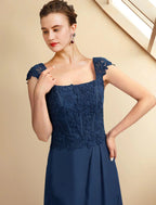 Vestido de mãe da noiva de duas peças, corte A, tamanho grande, elegante, decote quadrado, assimétrico, comprimento chá, chiffon, renda, manga curta, wrap, incluído com aplicações