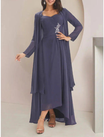 Zweiteiliges A-Linien-Kleid für die Mutter der Braut, Hochzeitsgast, elegant, Herzausschnitt, asymmetrisch, knöchellang, Chiffon, lange Ärmel, mit Kristallbrosche, Rüschen, einfarbig