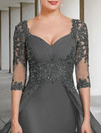 Vestido tubinho/coluna para mãe da noiva, festa formal para convidados de casamento, elegante, decote quadrado, comprimento até ao chão, chiffon, renda, manga 3/4 com aplicações de lantejoulas, franzido