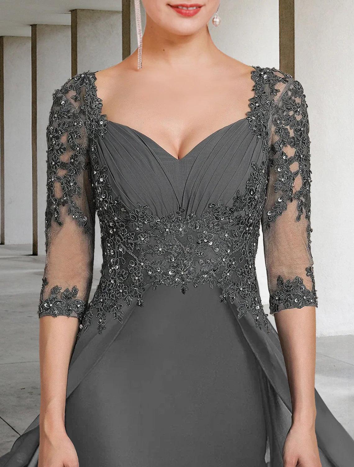 Vestido tubinho/coluna para mãe da noiva, festa formal para convidados de casamento, elegante, decote quadrado, comprimento até ao chão, chiffon, renda, manga 3/4 com aplicações de lantejoulas, franzido