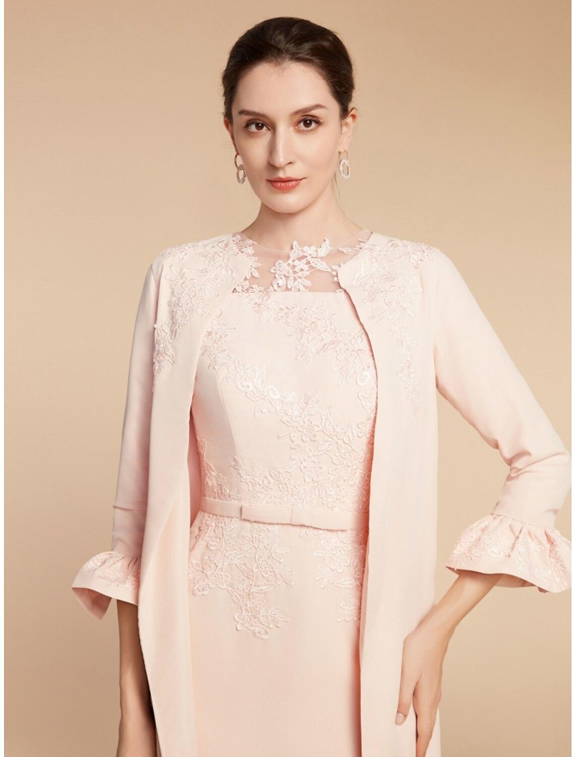 Vestido de mãe da noiva em duas peças, corte A, elegante, pequeno, decote redondo, curto/mini, renda, tecido elástico, manga 3/4, com laço(s), folhos, cor sólida