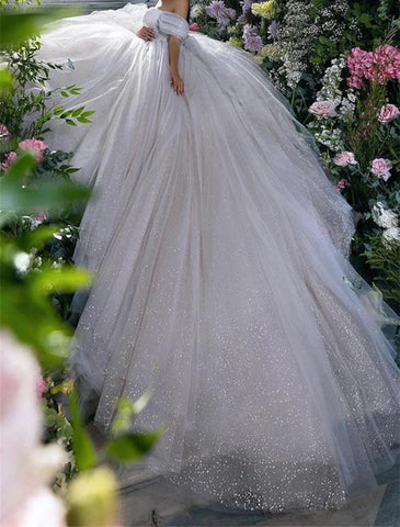 Verlobungs-Brautkleider mit Glitzer und Glanz, Ballkleid, schulterfrei, Flügelärmel, Kapellenschleppe, Pailletten-Brautkleider mit Volltonfarbe