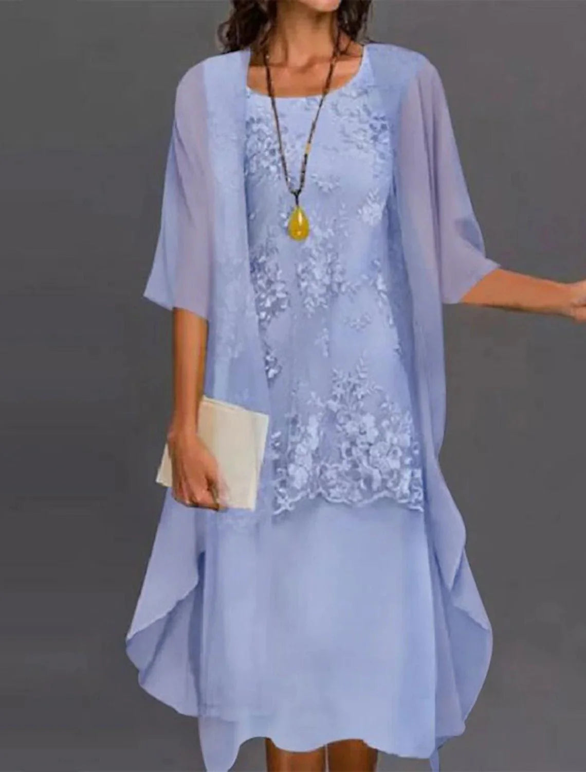 Vestido de mãe da noiva de duas peças, estilo coluna, para convidada de casamento, formal, elegante, casaco de manga comprida, chiffon, renda, decote redondo, comprimento chá com aplicações