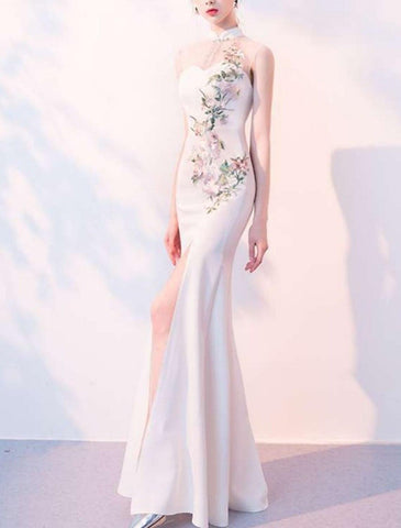 Meerjungfrau/Trompete Kleid für die Mutter der Braut, Hochzeitsgast, Vintage, elegant, zierlich, hoher Halsausschnitt, bodenlang, Tüll, Stretchstoff, ärmellos, mit Paillettenstickerei, geteilte Vorderseite