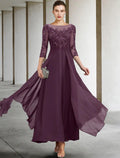 Vestido de festa de casamento elegante, plus size, decote em joia, comprimento até ao tornozelo, chiffon com renda, manga 3/4, com aplicações de lantejoulas franzidas, para mãe da noiva