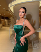 Dark Green Long Sleeveless Satin Strapless Evening Dress Spaghetti Straps with Slit