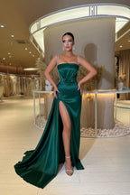 Dark Green Long Sleeveless Satin Strapless Evening Dress Spaghetti Straps with Slit