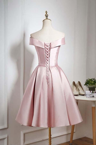 Vestido de festa/regresso a casa rosa pérola com ombros à mostra e comprimento até ao joelho com folhos PD044