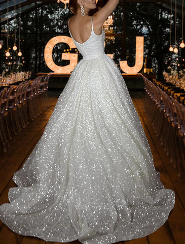 Vestidos de noiva casuais Hall Sparkle &amp; Shine, corte A, camisola, decote em V, alças finas, cauda longa, lantejoulas, cor sólida, festa de casamento, verão, outono