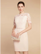 Two Piece A-Line Mother of the Bride Dress Wedding Guest Elegant Petite Jewel Neck Short / Mini Lace Stretch Fabric 3/4 Length Sleeve with Bow(s) Ruffles Solid Color