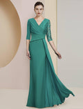 Etuikleid/Säulenkleid für die Brautmutter, formelle Hochzeitsgastparty, elegant, V-Ausschnitt, bodenlang, Chiffon, Spitze, halbe Ärmel mit Rüschen