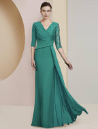 Vestido tubinho/coluna para mãe da noiva, festa formal para convidados de casamento, elegante, decote em V, comprimento até ao chão, chiffon, renda, meia manga com franzido