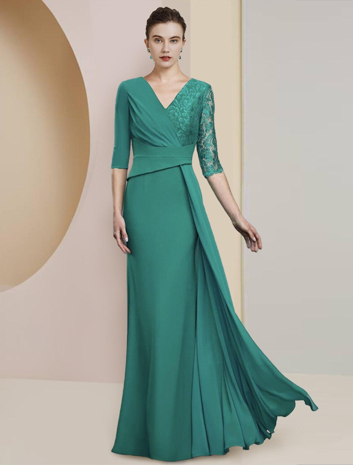 Vestido tubinho/coluna para mãe da noiva, festa formal para convidados de casamento, elegante, decote em V, comprimento até ao chão, chiffon, renda, meia manga com franzido