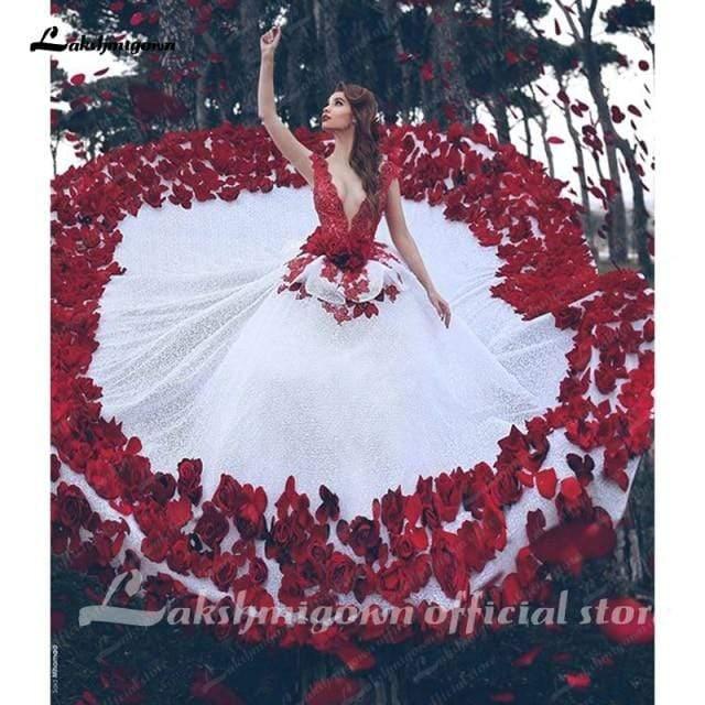 NumberSea Red And White Vintage Wedding Dress Lace Bridal Gown