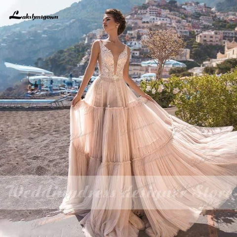 NumberSea Brautkleid mit V-Ausschnitt, Country-Stil, Tüll, Strand