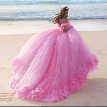NumberSea Romantisches, bauschiges, rosa Brautkleid mit Blumenmuster, schulterfrei