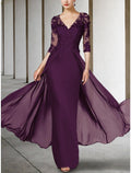 Etuikleid/Säulenkleid für die Brautmutter, Hochzeitsgast, elegant, V-Ausschnitt, knöchellang, Chiffon, Spitze, halbe Ärmel mit Rüschen, einfarbig