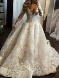 Abiti da Sposa Royal Style Formali Ball Gown Scollatura a V Manica Lunga Treno a Spazzola in Pizzo con Appliques