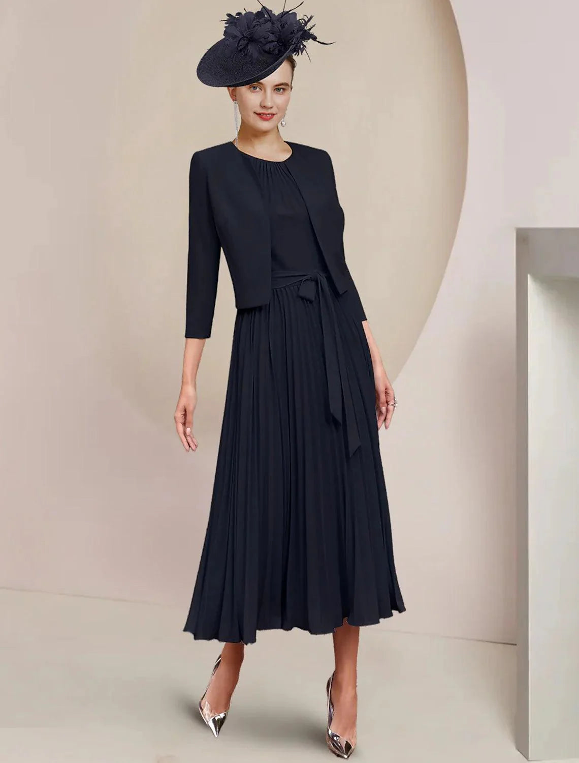 Vestido de mãe da noiva em duas peças, corte A, para convidados de casamento, festa, vintage, elegante, decote redondo, comprimento chá, chiffon, sem mangas, incluído com laço(s), pregas