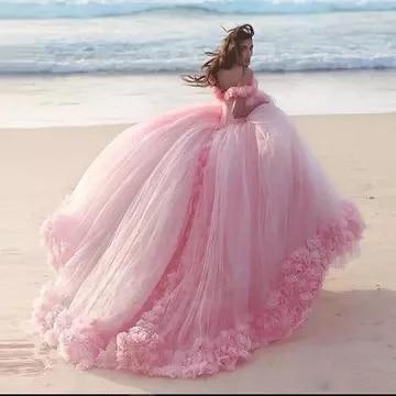 NumberSea Romantisches, bauschiges, rosa Brautkleid mit Blumenmuster, schulterfrei